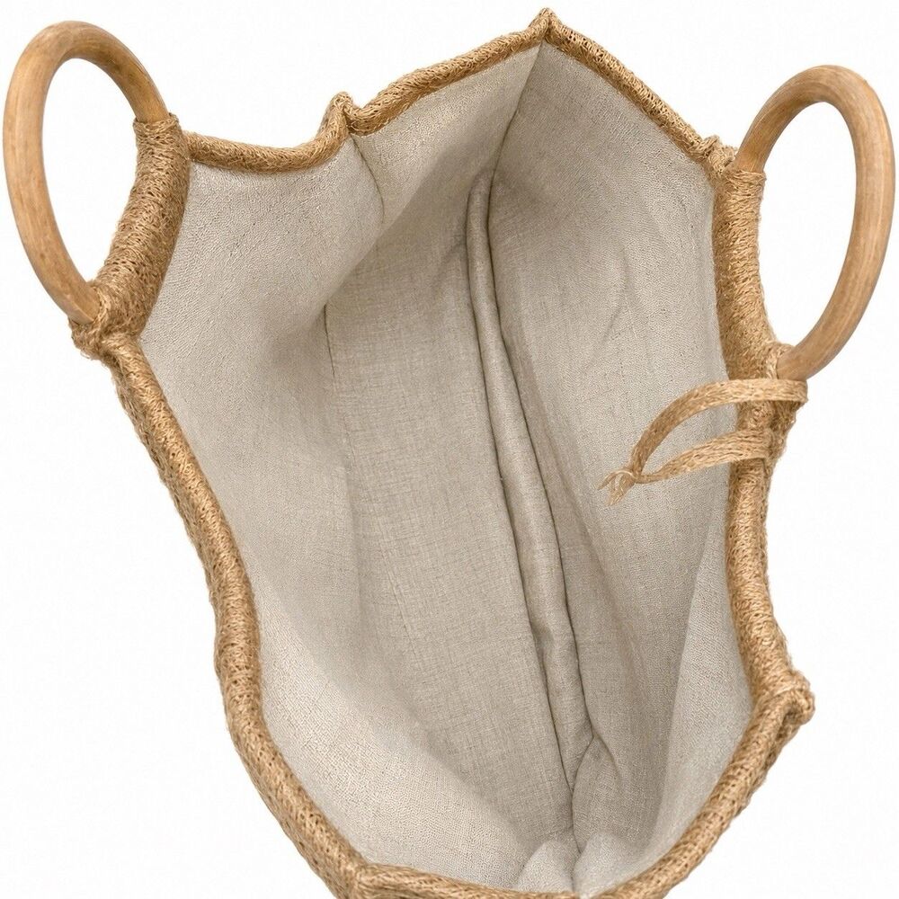 Floral Embroidered Woven Straw Handbag Wooden Handles Boho Cottagecore - Picture 3 of 6